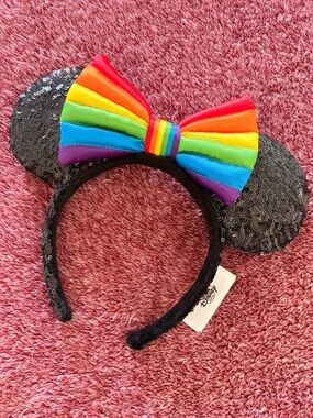 Disney Black Sequin Minnie Ears Headband with Rainbow Bow